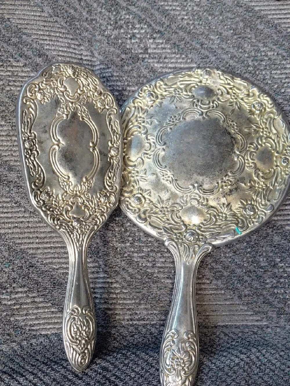 Vintage Silver Hand Mirror & Brush Set - Cream Bristles And Comb